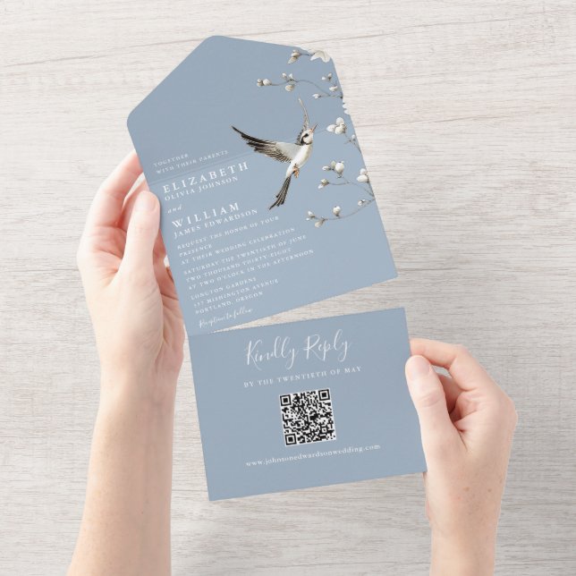 Dusty Blue Chinoiserie Floral QR Code Wedding All In One Invitation (Tearaway)