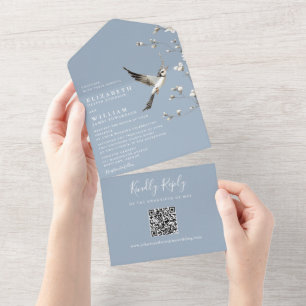 Dusty Blue Chinoiserie Floral QR Code Wedding All In One Invitation