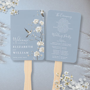 Dusty Blue Chinoiserie Floral Wedding Program Hand Fan