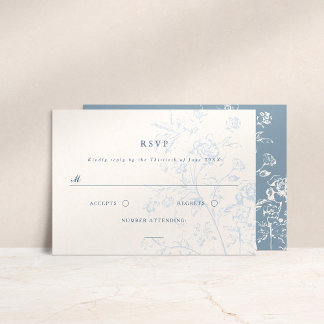 Dusty Blue Chinoiserie Floral Wedding RSVP Card 