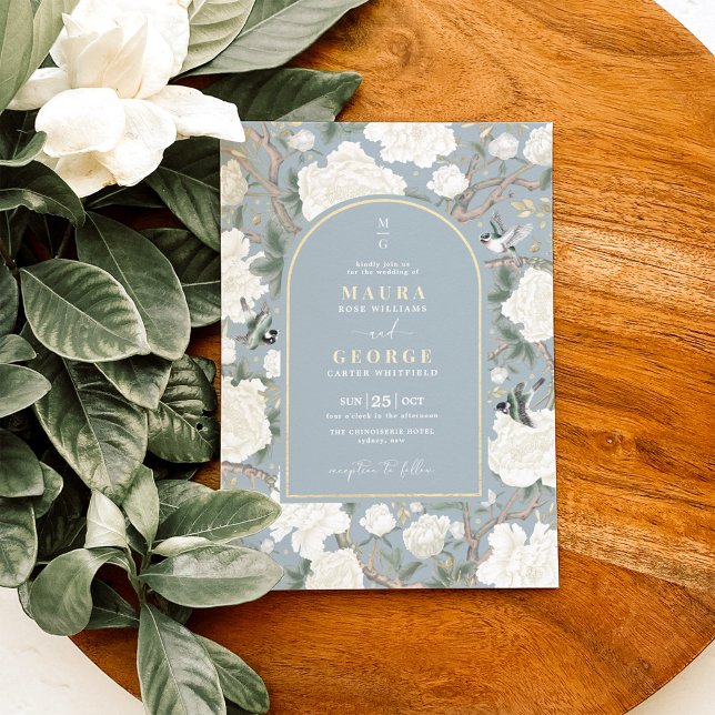 Dusty Blue Chinoiserie Flower Garden Wedding Invitation (Creator Uploaded)