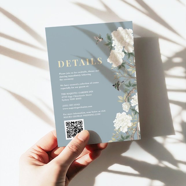 Dusty Blue Chinoiserie Flowers Wedding Details Enclosure Card (Creator Uploaded)