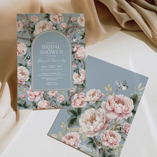 Dusty Blue Chinoiserie Garden Flower Bridal Shower Invitation (Creator Uploaded)