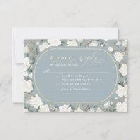Dusty Blue Chinoiserie Ivory Flowers Wedding RSVP