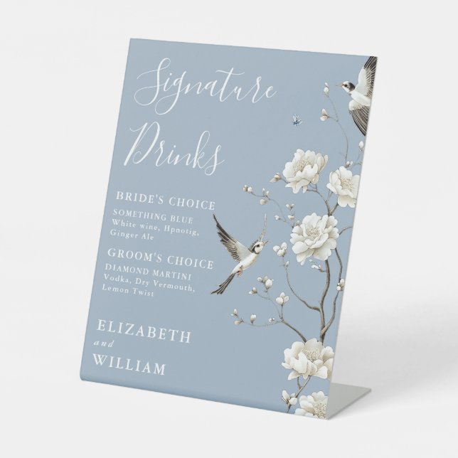 Dusty Blue Chinoiserie Signature Drinks Wedding Pedestal Sign (Front)
