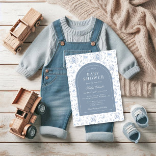 Dusty Blue Chinoiserie Teddy Bear and Bows Baby Invitation