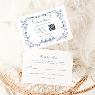 Dusty Blue Chinoiserie Traditional and QR Code RSVP Card