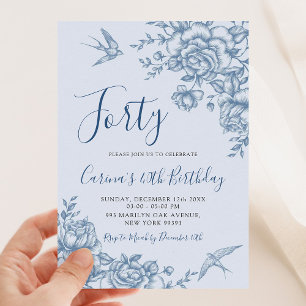 Dusty Blue Chinoiserie Vintage Floral Birthday Invitation