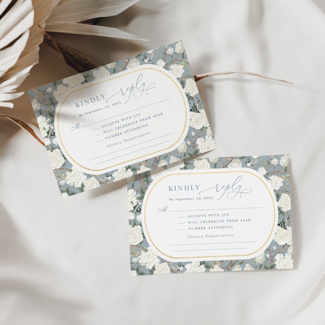 Dusty Blue Chinoiserie White Floral Wedding RSVP Card (Creator Uploaded)