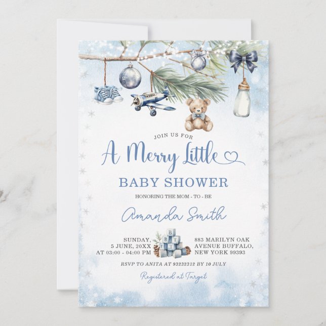 Dusty Blue Christmas A Merry Little Baby Shower Invitation (Front)