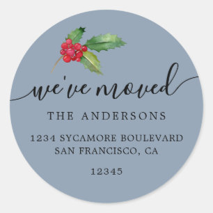 Dusty Blue Christmas Greenery New Address Home Classic Round Sticker