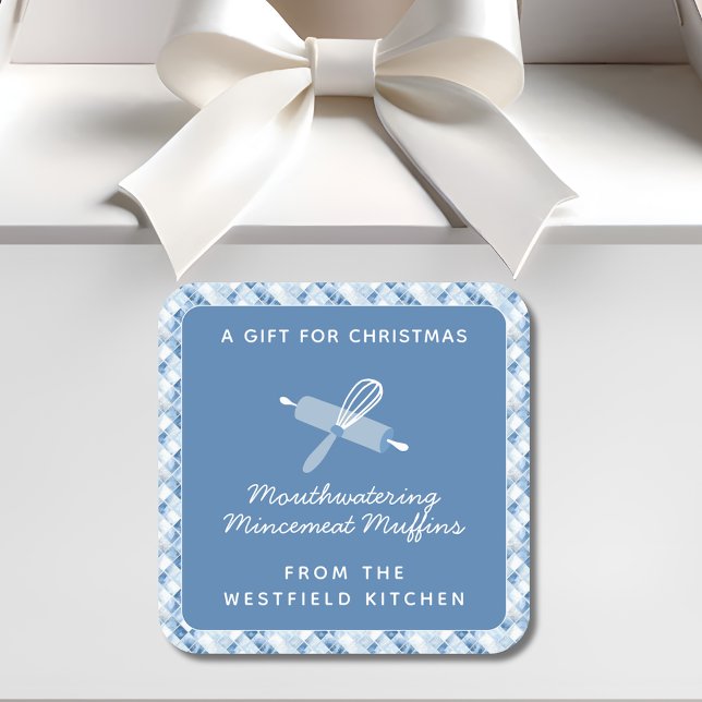 Dusty Blue Christmas Holiday Food Gift Square Sticker (Dusty Blue Check Christmas Holiday Food Gift Square Sticker Label Mincemeat)