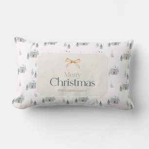 Dusty Blue Christmas House Watercolor Lumbar Cushion