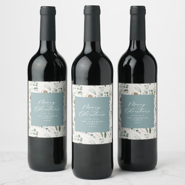 Dusty blue Christmas minimal elegant botanical Wine Label (Bottles)