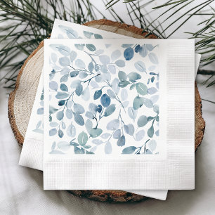 Dusty Blue Christmas Napkin with Watercolor Leaves