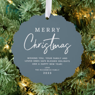 Dusty Blue Christmas Script Family Name Custom Tree Decoration Card