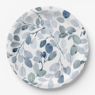 Dusty Blue Christmas Watercolor Leaf Design Paper Plate