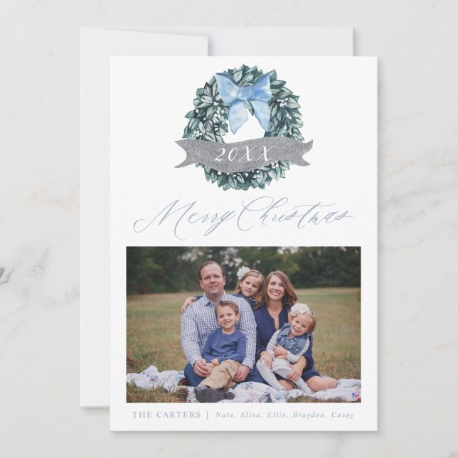 Dusty Blue Christmas Wreath Holiday Photo Card (Front)