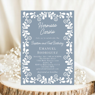 Dusty Blue Cielito Lindo Baptism & First Birthday Invitation