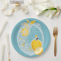Dusty Blue Citrus Bridal Shower Paper Plate, Lemon