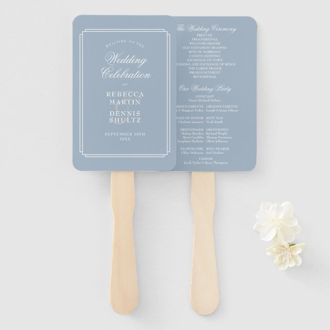 Dusty Blue Classic Art Deco Wedding Program Hand Fan (Front and Back)