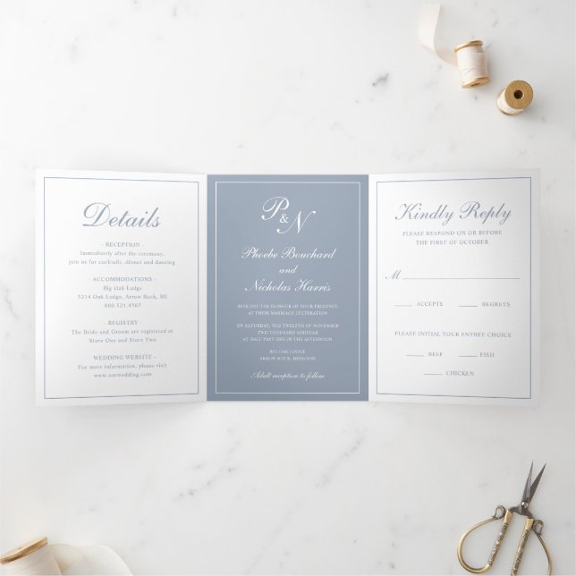 Dusty Blue Classic Elegant Wedding Tri-Fold Invitation (Inside)