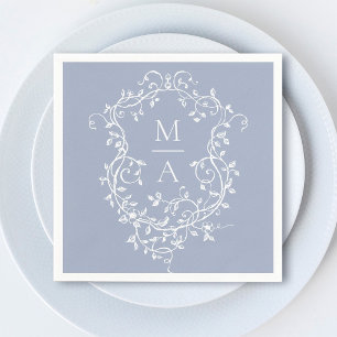 Dusty Blue Classic Floral Crest Monogram Wedding Napkin