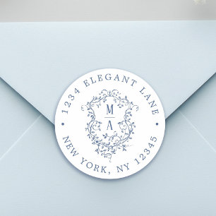 Dusty Blue Classic Floral Crest Return Address Round Sticker