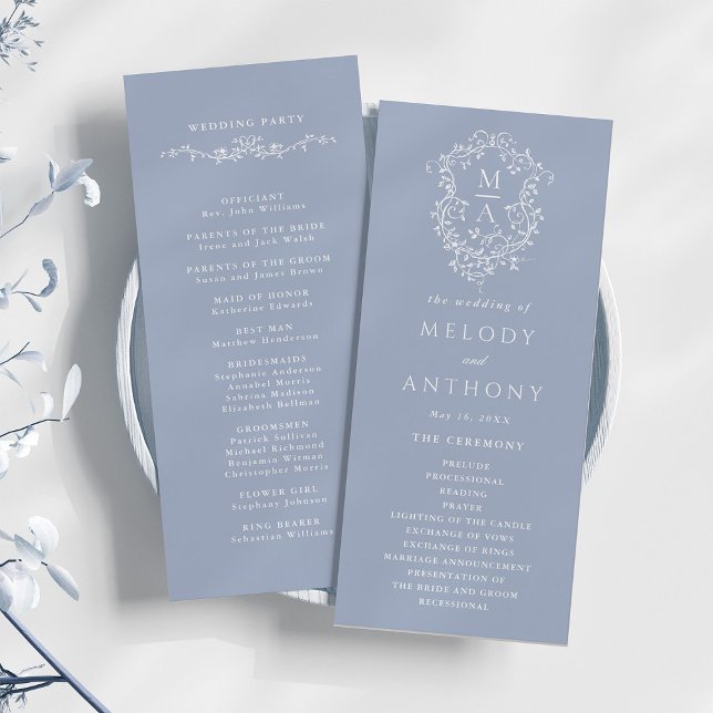 Dusty Blue Classic Floral Crest Wedding Ceremony Programme (Front & Back)