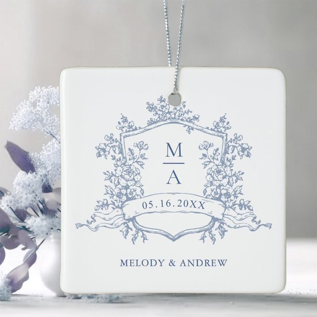 Dusty Blue Classic Floral Crest Wedding Photo  Ceramic Ornament (Creator Uploaded)
