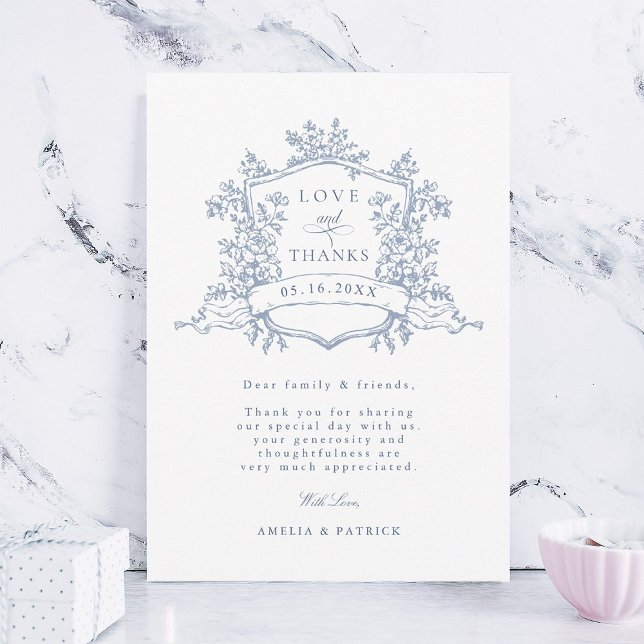 Dusty Blue Classic Floral Crest Wedding Photo Thank You Card (Creator Uploaded)