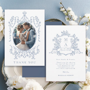 Dusty Blue Classic Floral Frame Wedding Photo      Thank You Card