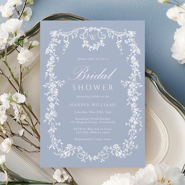 Dusty Blue Classic French Floral Bridal Shower Invitation (Creator Uploaded)