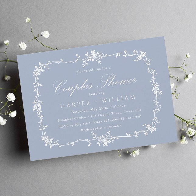 Dusty Blue Classic French Floral Couples Shower Invitation (Creator Uploaded)