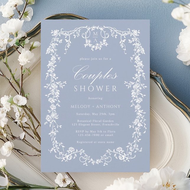 Dusty Blue Classic French Floral Couples Shower Invitation (Creator Uploaded)