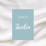 Dusty blue classic script wedding card<br><div class="desc">A dusty blue background,  white text.
  

Personalise and add your table numbers.  Add your numbers one by one.</div>