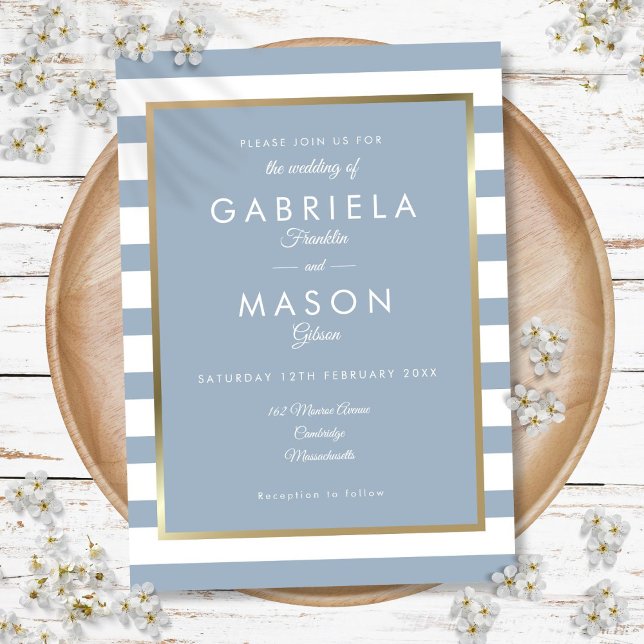 Dusty Blue Classic Stripe Faux Gold Foil Wedding Invitation (Dusty Blue Classic Stripe Faux Gold Foil Wedding Invitation)