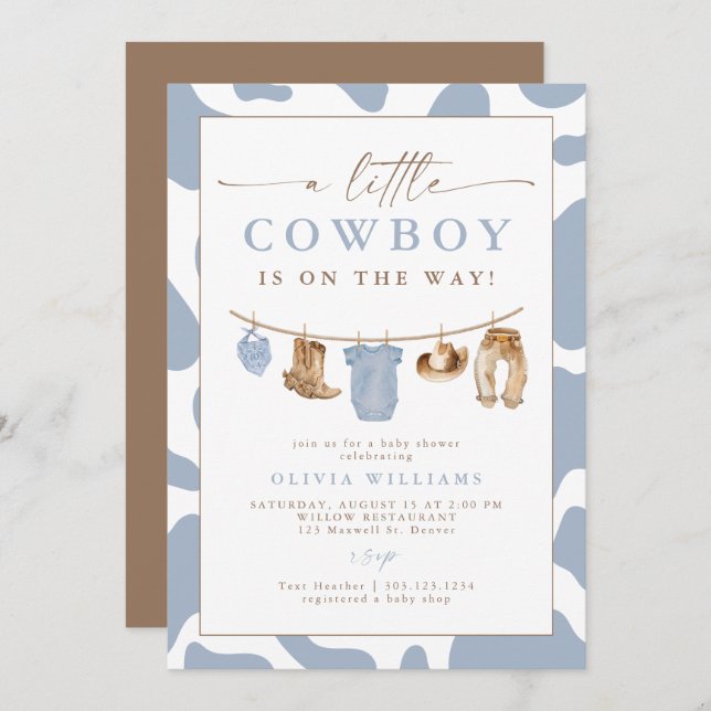 Dusty Blue Clothesline Little Cowboy Baby Shower Invitation (Front/Back)