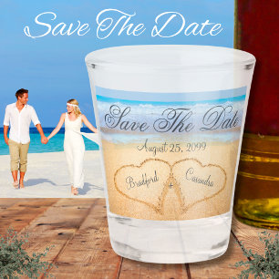 Dusty Blue  Coastal Beach Wedding Save The Date Shot Glass