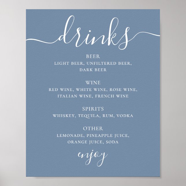 Dusty Blue Coastal Wedding Drinks | Bar Menu Sign (Front)