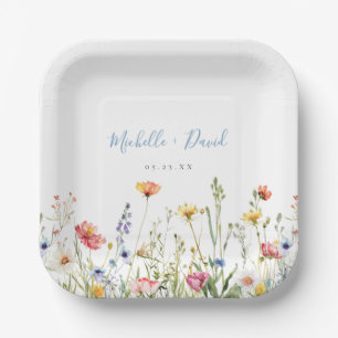 Dusty Blue Colourful Rustic Wildflower Wedding Paper Plate