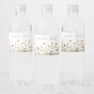 Dusty Blue Colourful Rustic Wildflower Wedding Water Bottle Label