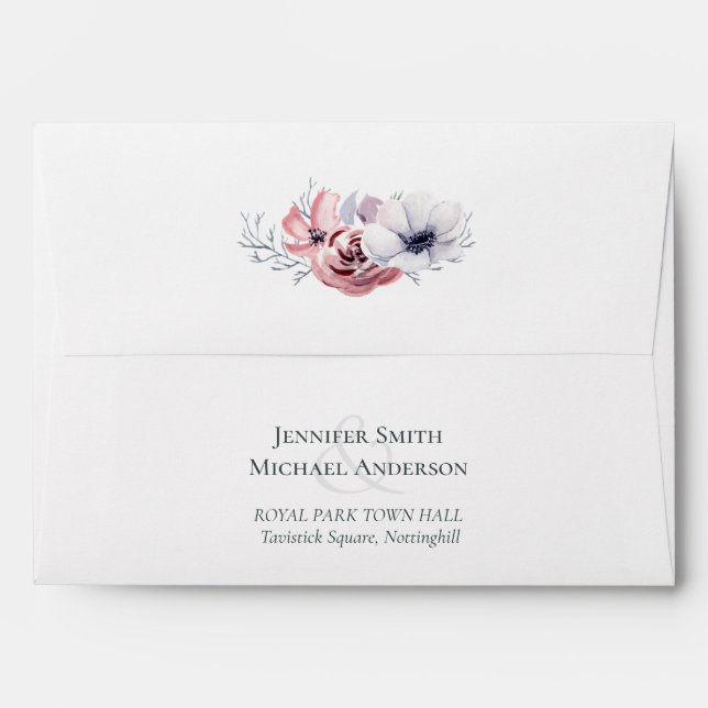Dusty Blue Coral Floral Script Wedding Anemone Envelope (Back (Top Flap))