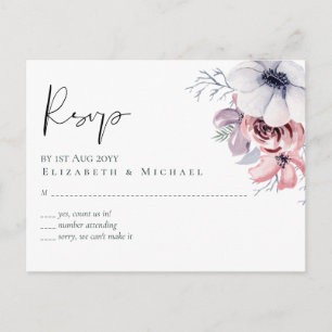 Dusty Blue Coral Floral Script Wedding RSVP Budget Postcard