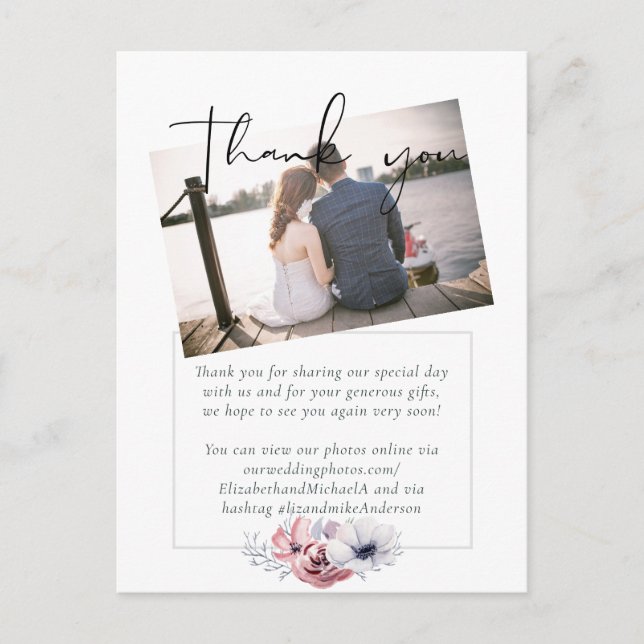 Dusty Blue Coral Floral Script Wedding Thank You Postcard (Front)