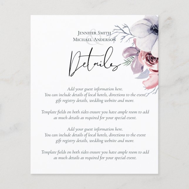 Dusty Blue Coral Floral Wedding Details Budget (Front)