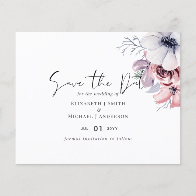 Dusty Blue Coral Floral Wedding Save Date Budget (Front)