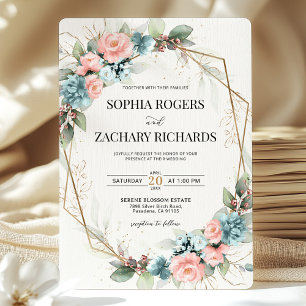 Dusty Blue Coral Pink Floral Geometric Wedding  Invitation