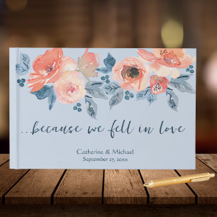 Dusty Blue & Coral Pink Watercolor Floral Wedding Guest Book