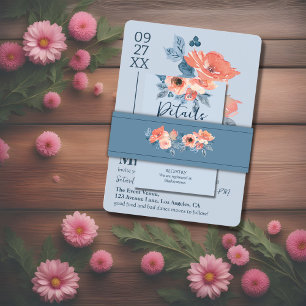 Dusty Blue & Coral Pink Watercolor Floral Wedding Invitation Belly Band